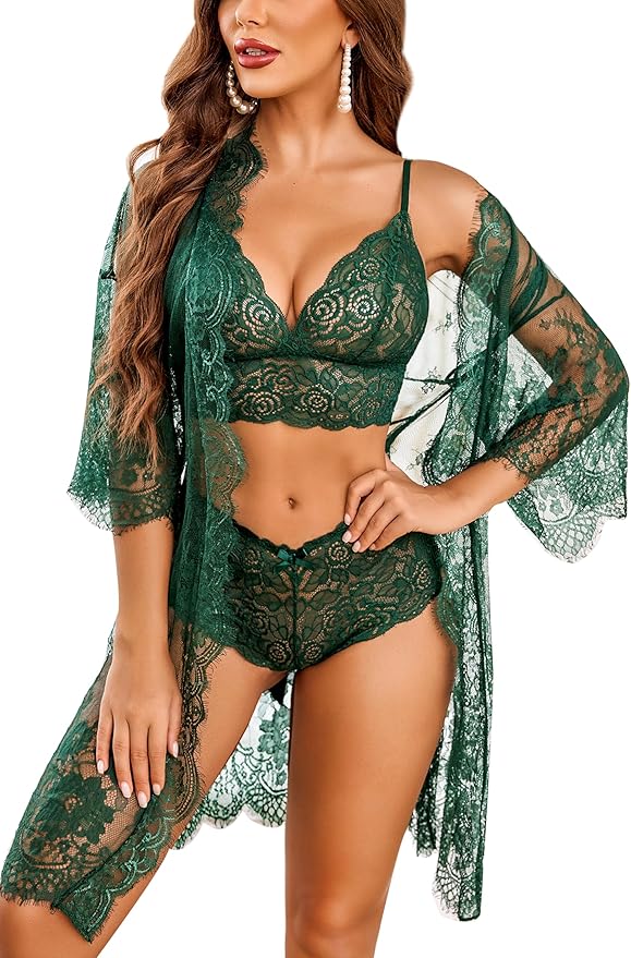 Full-body shot of Avidlove 3 piece lace lingerie set with robe open