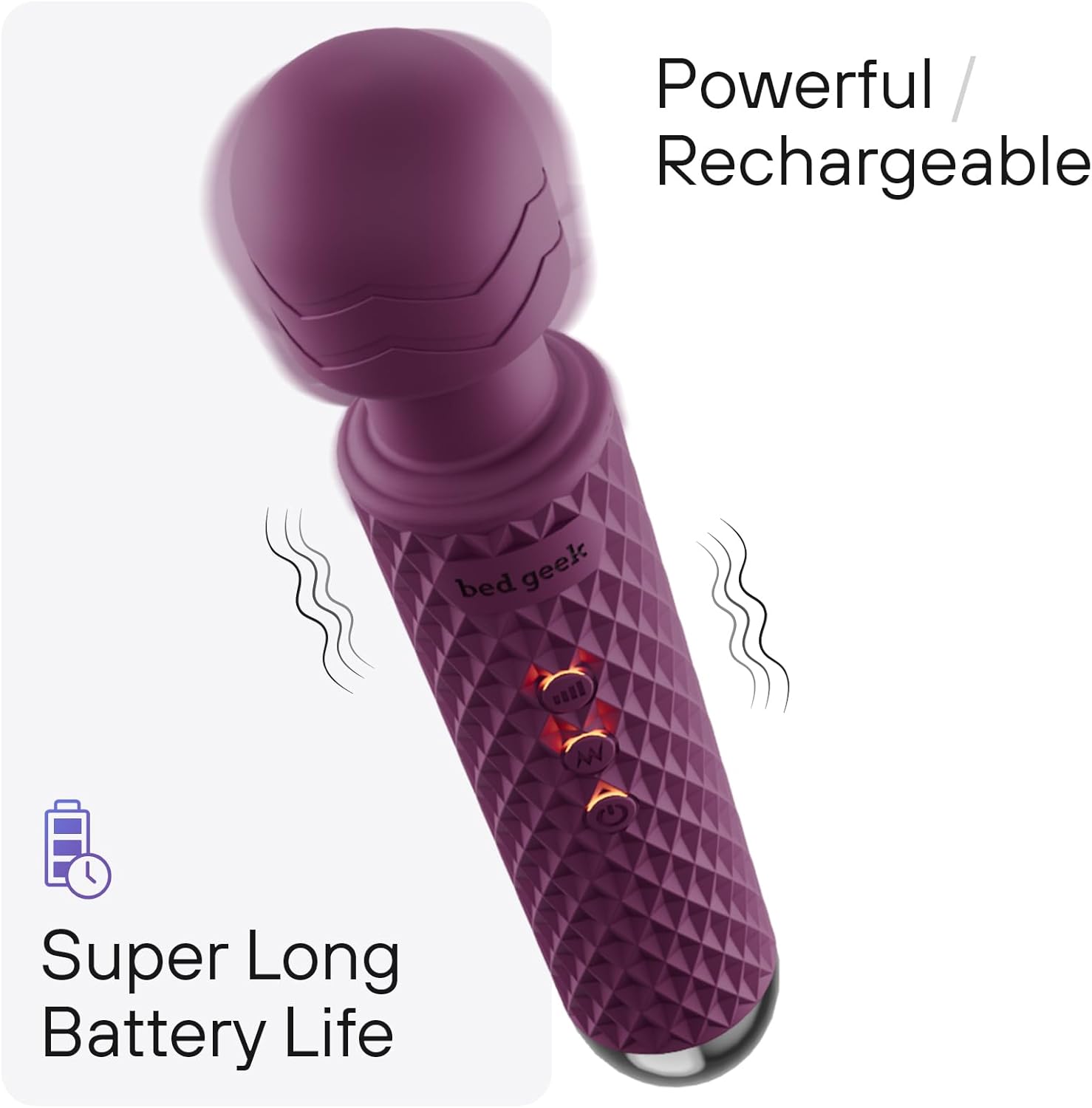 bed geek Handheld Cordless Personal Wand Massager main product image with silicone head and ergonomic prism handle