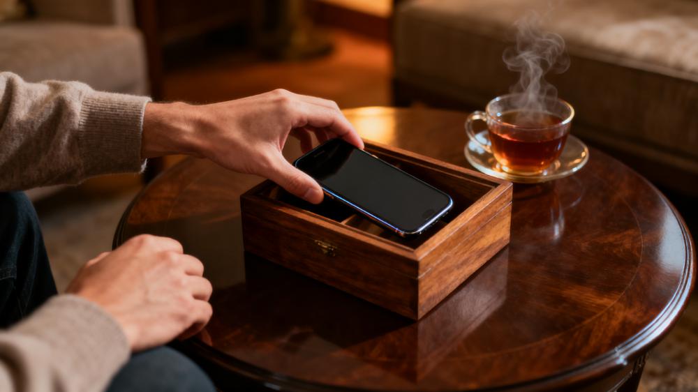 A couple putting their phones away in a decorative box, a key strategy to build intimacy 2025 through digital intentionality.