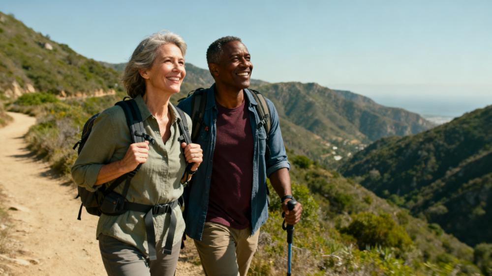 A happy couple hiking together on a mountain trail, symbolizing how to build intimacy through shared adventures and overcoming challenges.