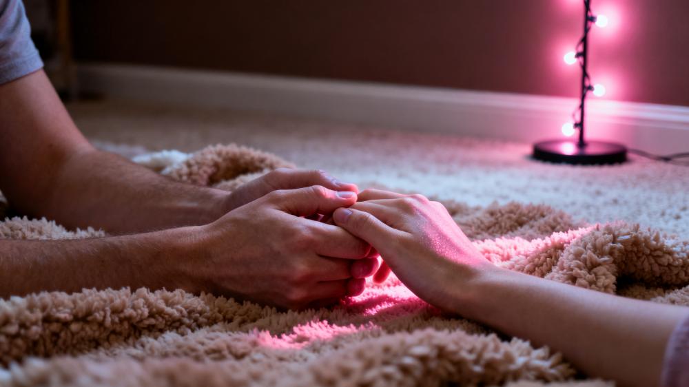 A cozy evening scene with a couple playing a connection game for couples, holding hands and sharing a moment of intimacy and warmth.