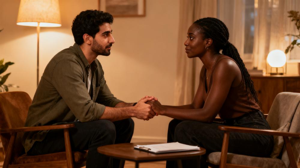 A diverse couple creating emotional safety with gentle couple communication, express love, relationship tips in a calm setting.