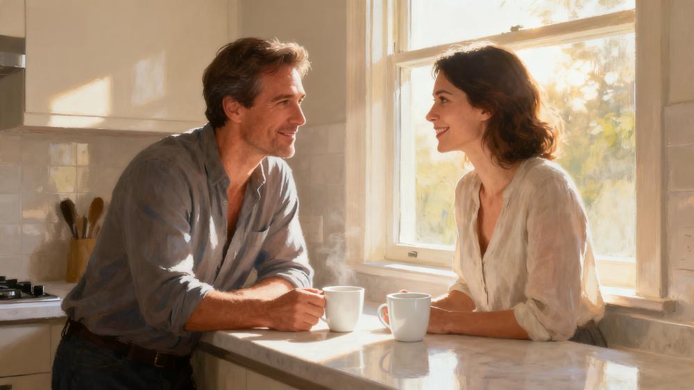A couple practicing daily intimacy how to tips by sharing a quiet coffee moment in the morning, looking connected and happy.