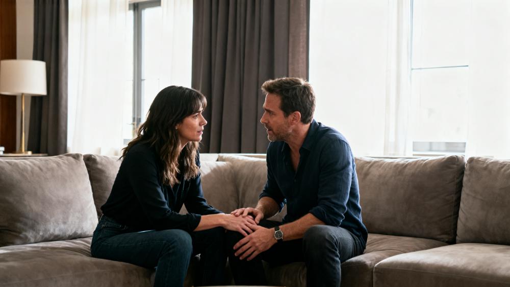 A couple sitting on a couch and talking seriously but constructively, illustrating how they overcome barriers using daily intimacy how to communication skills.