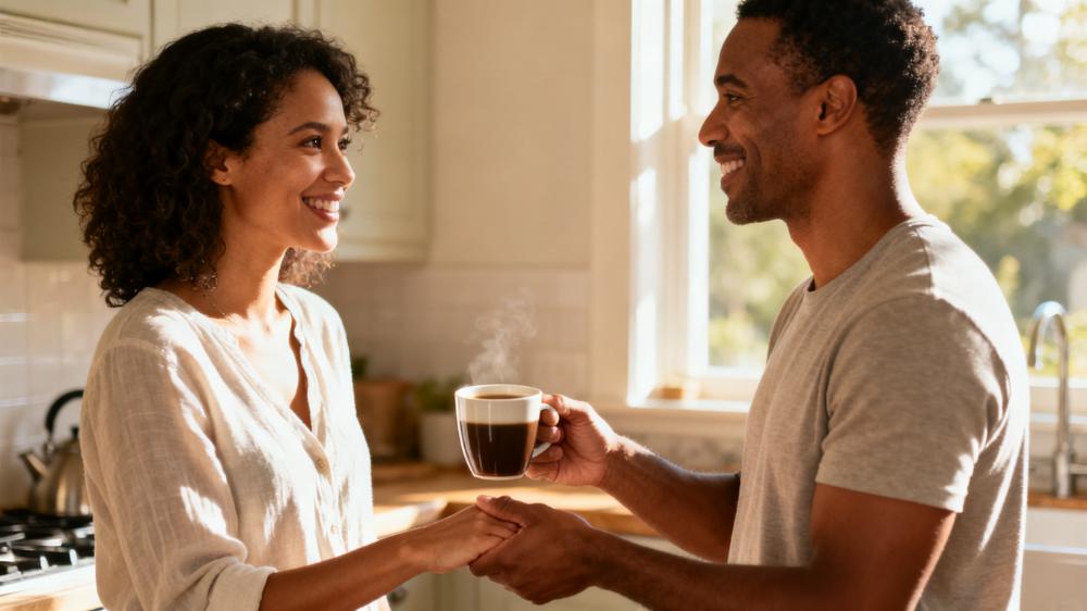 A couple practicing daily intimacy tips by sharing a quiet moment and coffee together in their kitchen.