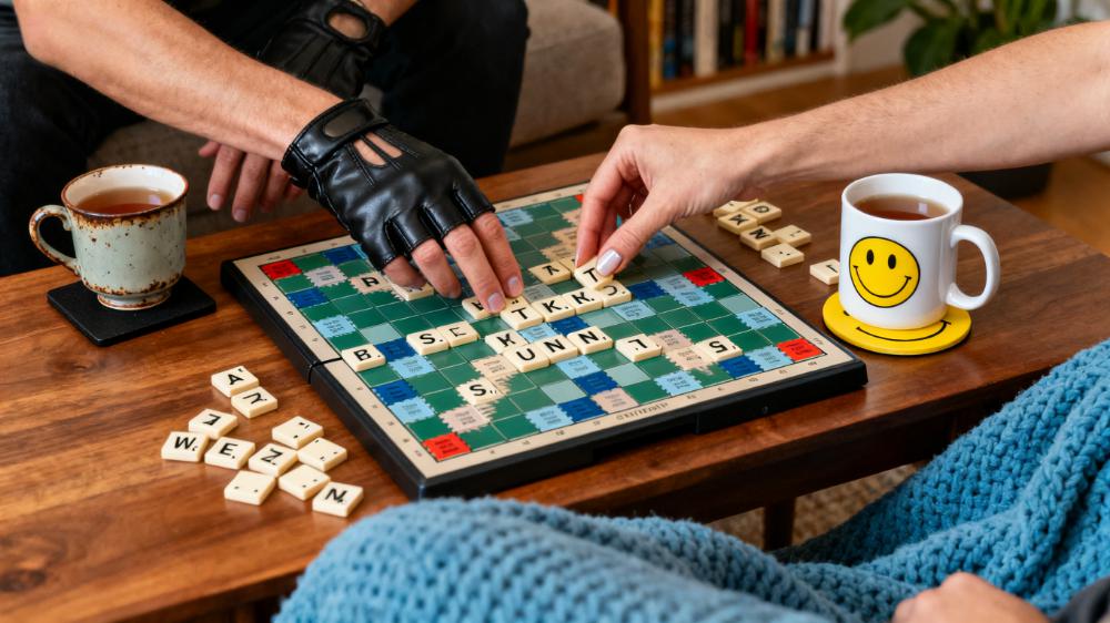 A couple laughing while engaged in a competitive board game, showcasing fun things for couples to do at home.