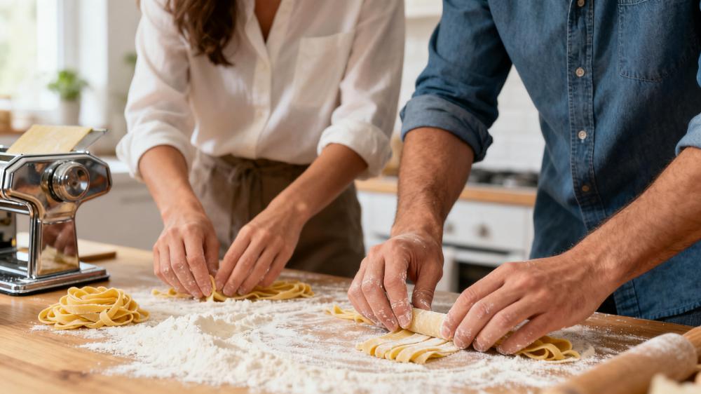 A happy couple laughing while making pasta from scratch, a perfect example of fun date night ideas at home.