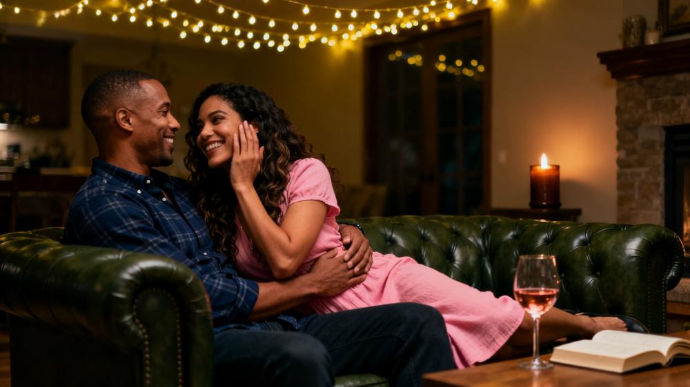 A couple enjoying one of many romantic activities at home by cuddling on the couch in a cozy, candlelit living room.