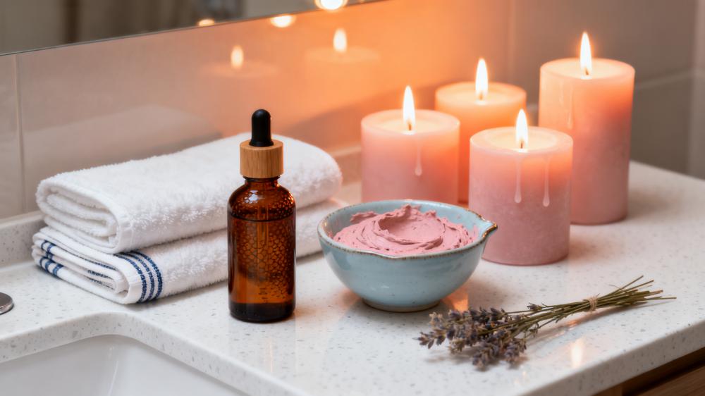 A serene at-home spa setup with candles and massage oils, an example of a romantic night in for two.