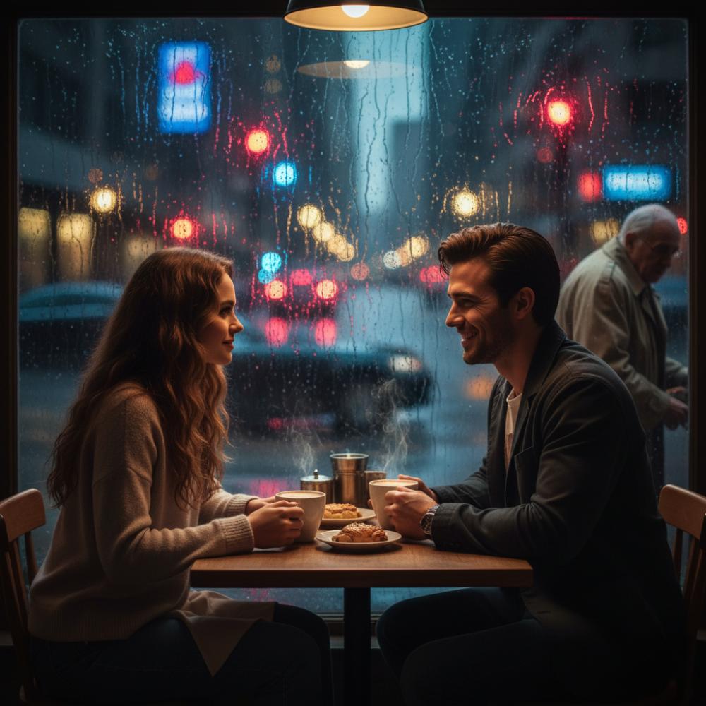 A young woman and a man sit across from each other in a dimly lit, cozy cafe, hinting at the beginning of a date with potential dating fails how to identify.