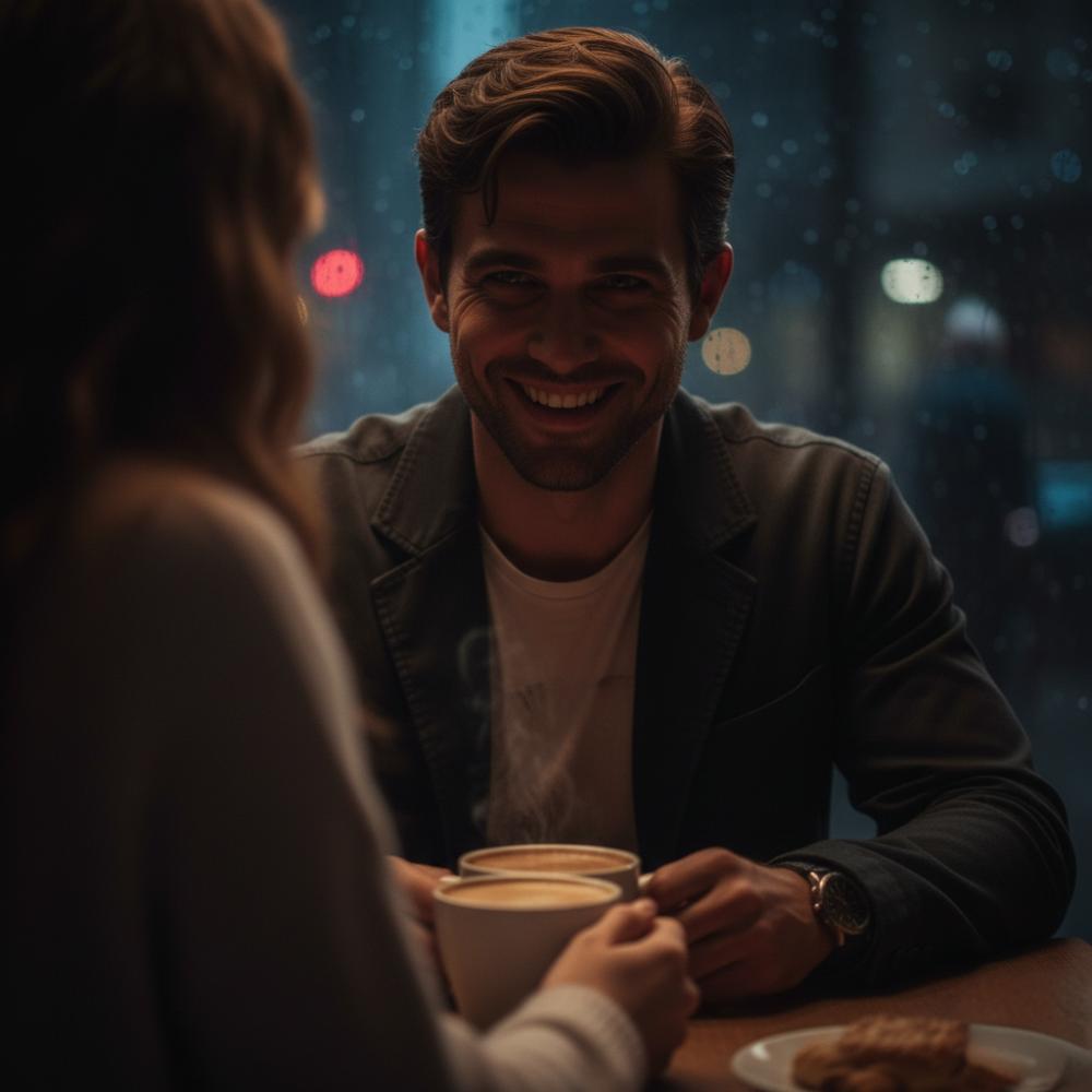 A man across a cafe table smiles eerily at a woman, a chilling conclusion to a story about dating fails how to recognize danger.