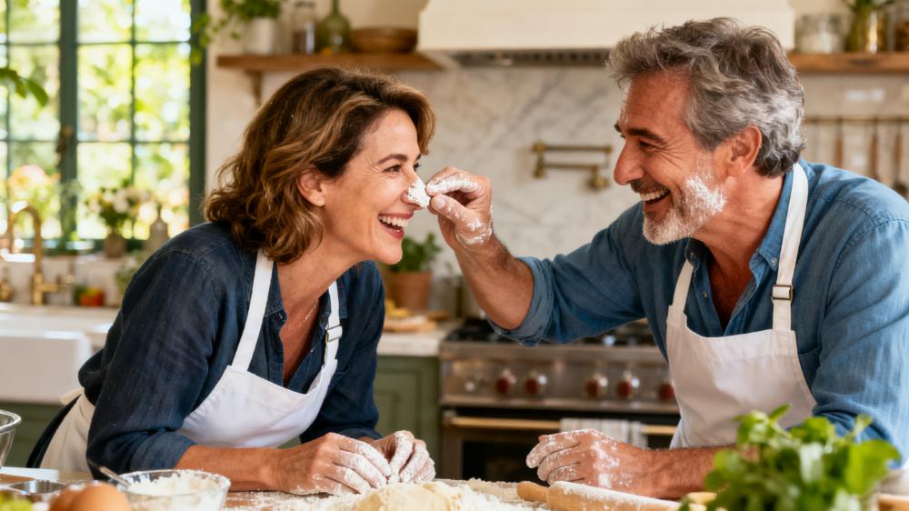 A happy couple learning to cook together, a great example of emotional intimacy exercises through shared experiences.