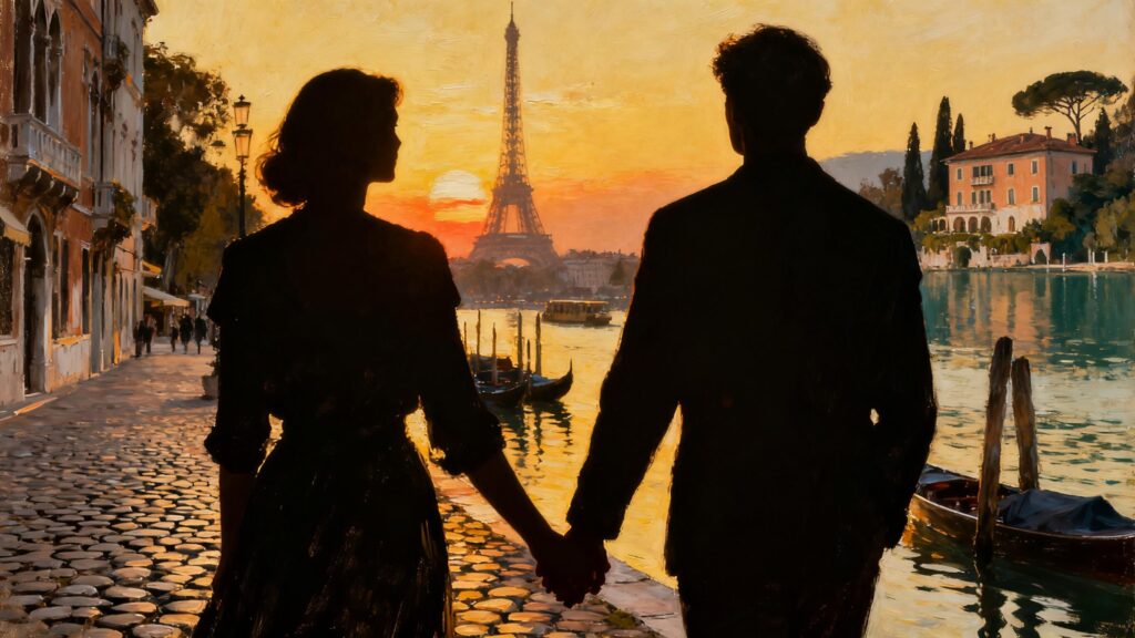 Cinematic collage of iconic European romantic destinations like Venice and Paris at golden hour, symbolizing a perfect couples' getaway.