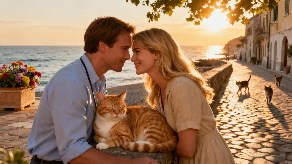 A heartwarming falling in love moment between a man, a woman, and a cat, all looking at each other with affection in a cozy Italian setting.