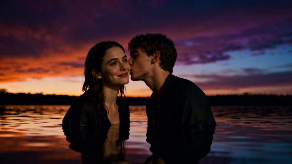 A romantic shot of Ethan whispering a heartfelt first love confession to Mia by a lake at sunset, her reflection subtly absent from the water.
