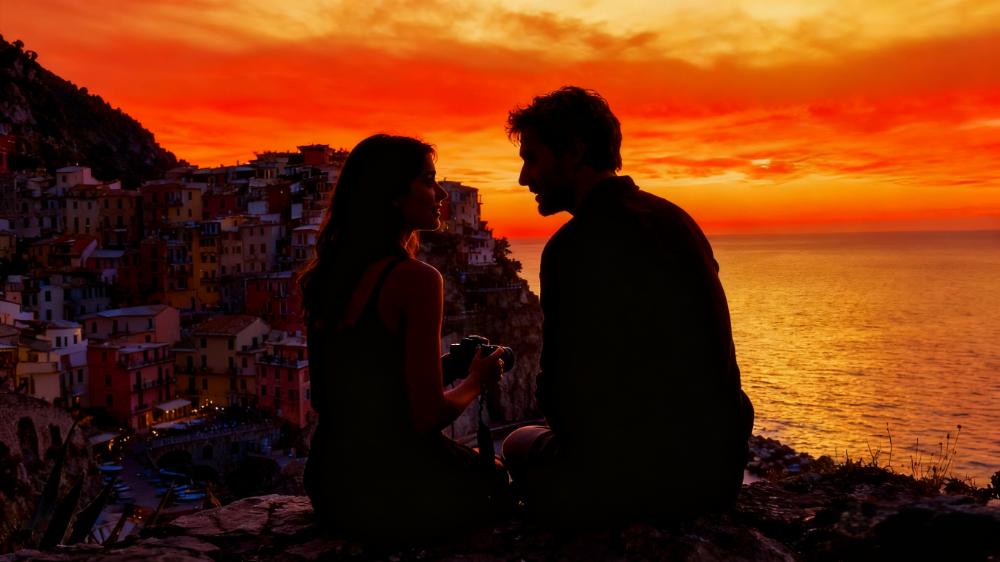 Ethan and Lina share a beautiful flipped moment on sunset cliffs overlooking the sea in a picturesque Italian coastal town.