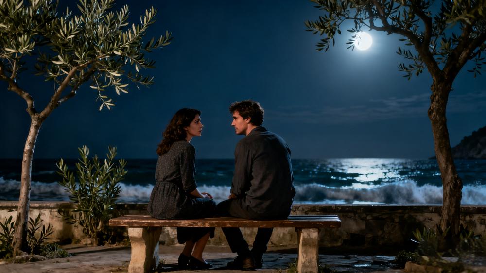 Lina and Ethan share a final, poignant flipped moment on a moonlit bench, making a promise to remember their connection.