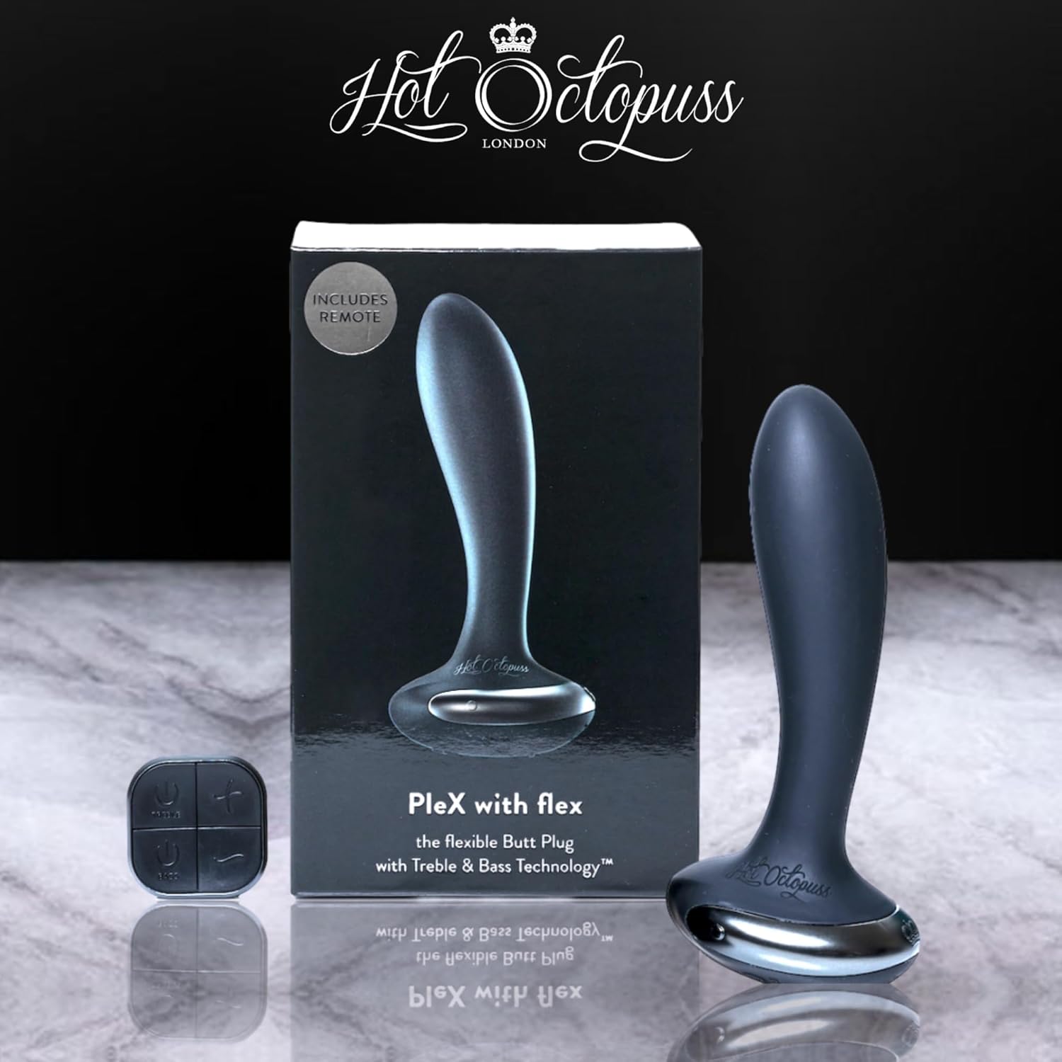 Full view of Hot Octopuss PLEX with Flex prostate massager with remote and accessories