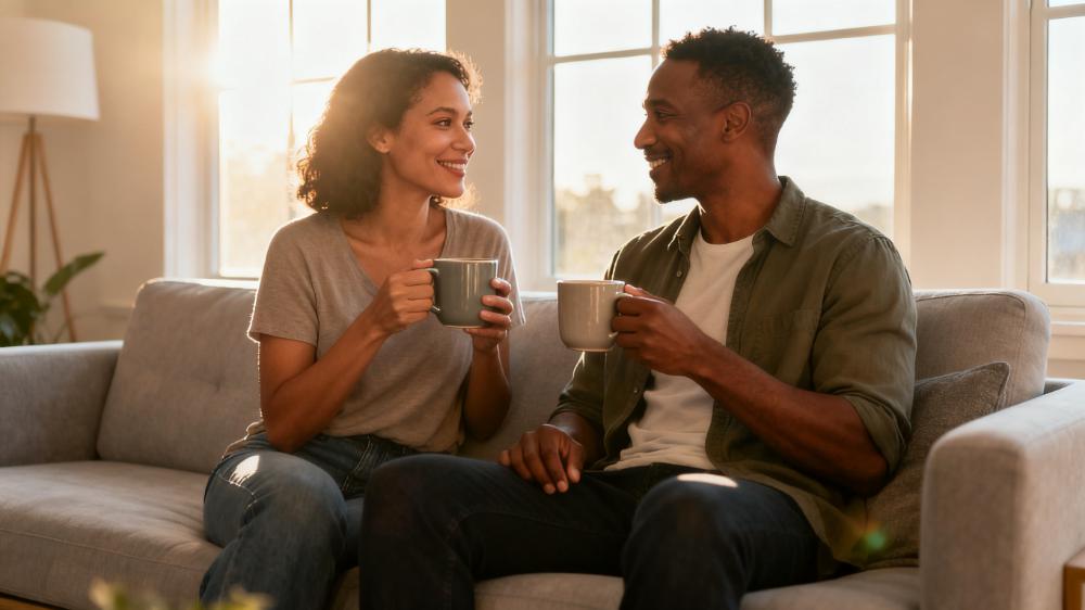 A couple sitting on a couch, learning how to improve intimacy by sharing a heartfelt conversation and coffee.