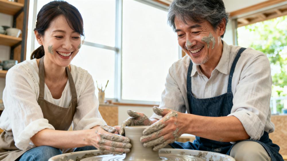 A couple laughing while trying a new hobby together, demonstrating how to improve intimacy through shared experiential moments.