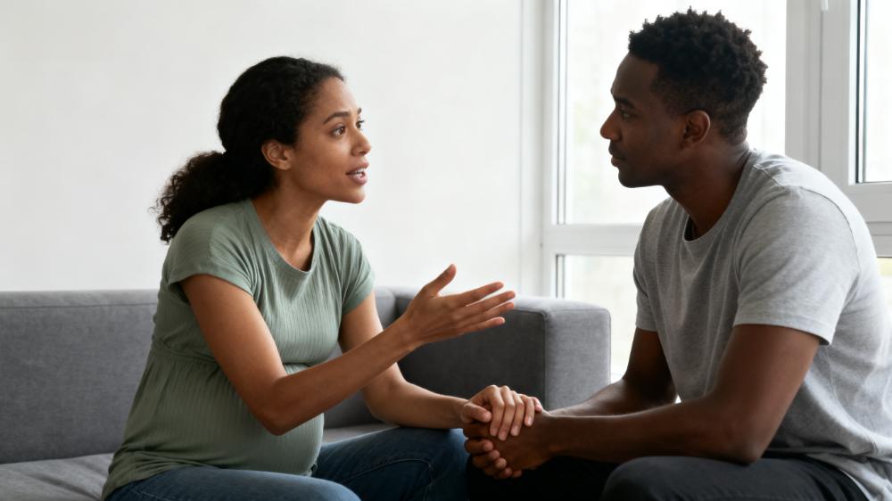 A diverse couple having an open and honest conversation on their sofa, a core strategy for improving intimacy after baby 2025.