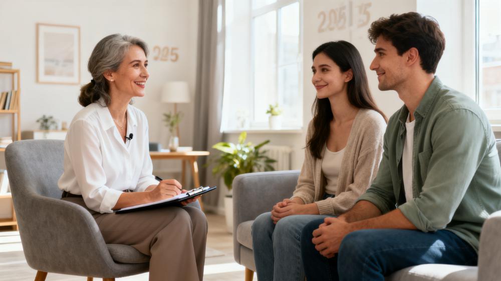 A supportive therapist talking with a couple in a comfortable office, an important resource for navigating intimacy after baby 2025.