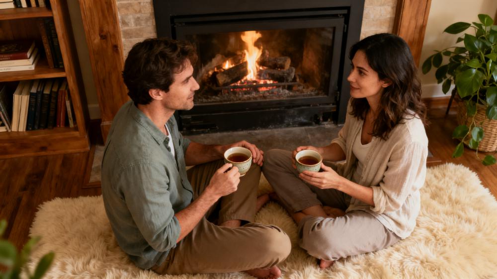 A couple sitting on a cozy rug, sipping tea and talking, representing the concept of slow intimacy after baby 2025.