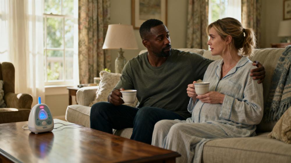 A couple learning how to intimacy after baby by communicating openly and honestly on their living room couch.