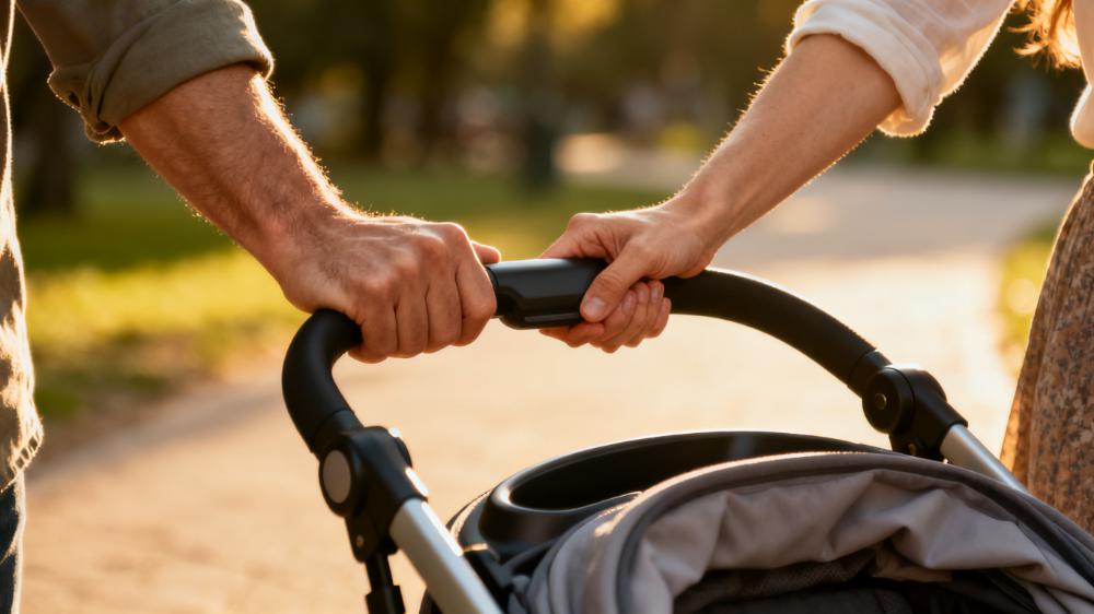 Holding hands while walking the baby is a simple lesson in how to intimacy after baby and reconnect through touch.