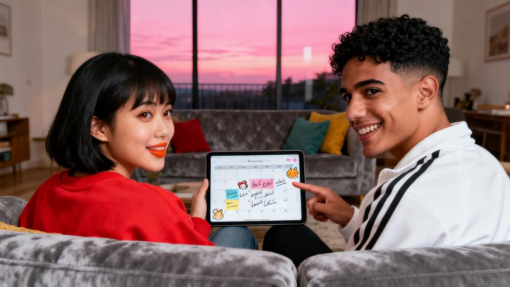 A couple proves that a key part of learning how to intimacy after baby is scheduling dedicated time together.