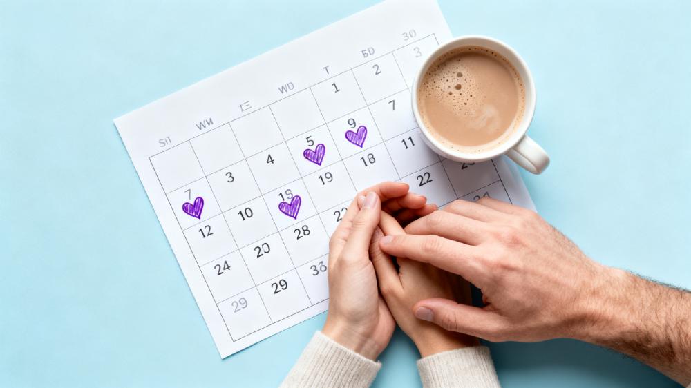 A simple calendar with hearts marking a daily 'connection time,' illustrating daily intimacy exercises for couples and how to make intimacy a habit.