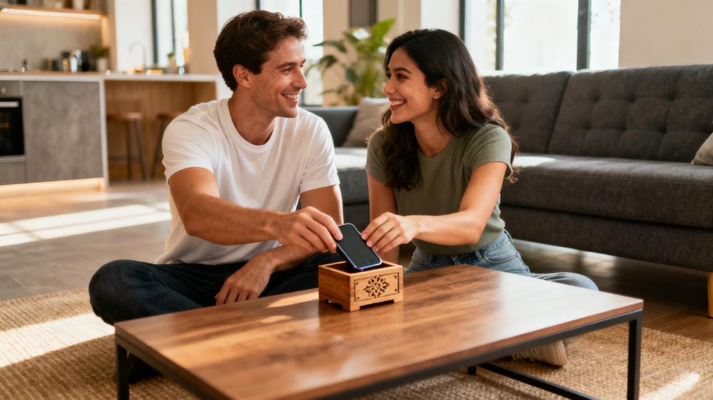 A couple placing their smartphones into a small box on a coffee table, a proactive step for intimacy for couples how to reduce distractions.