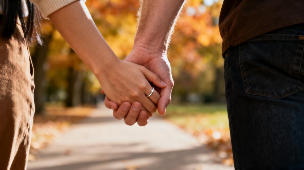 A close-up of a couple holding hands while walking, a simple yet powerful example of intimacy for couples how to practice daily physical connection.