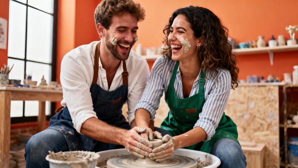 A couple laughing together while trying a new cooking class, a perfect illustration of intimacy for couples how to build experiential bonds.