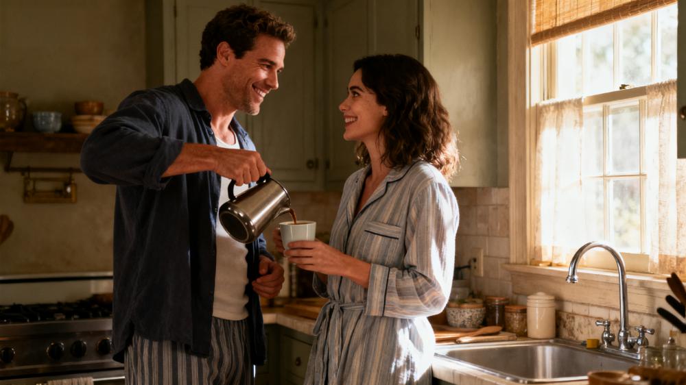 A couple enjoying coffee together in the morning, a perfect illustration of daily intimacy tips how to start the day connected.