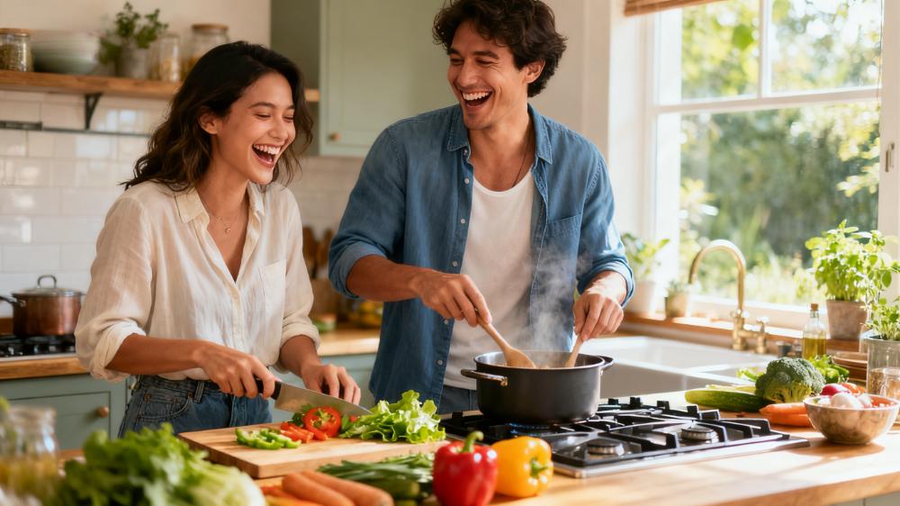 A couple laughing and enjoying their intimacy routine by cooking a new recipe together in their kitchen.