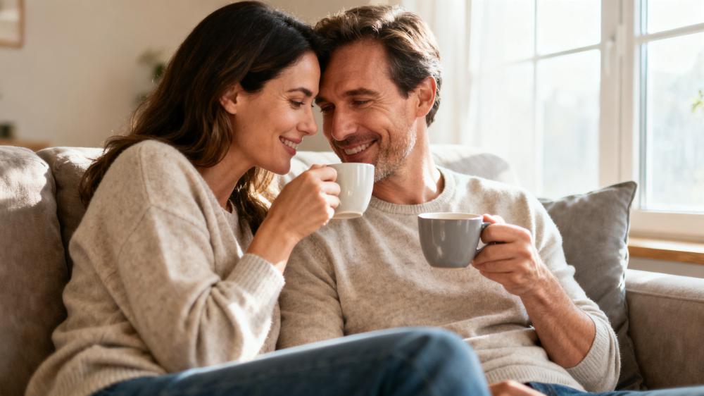 A smiling couple enhancing their lifestyle and intimacy by sharing a quiet coffee moment on their couch.