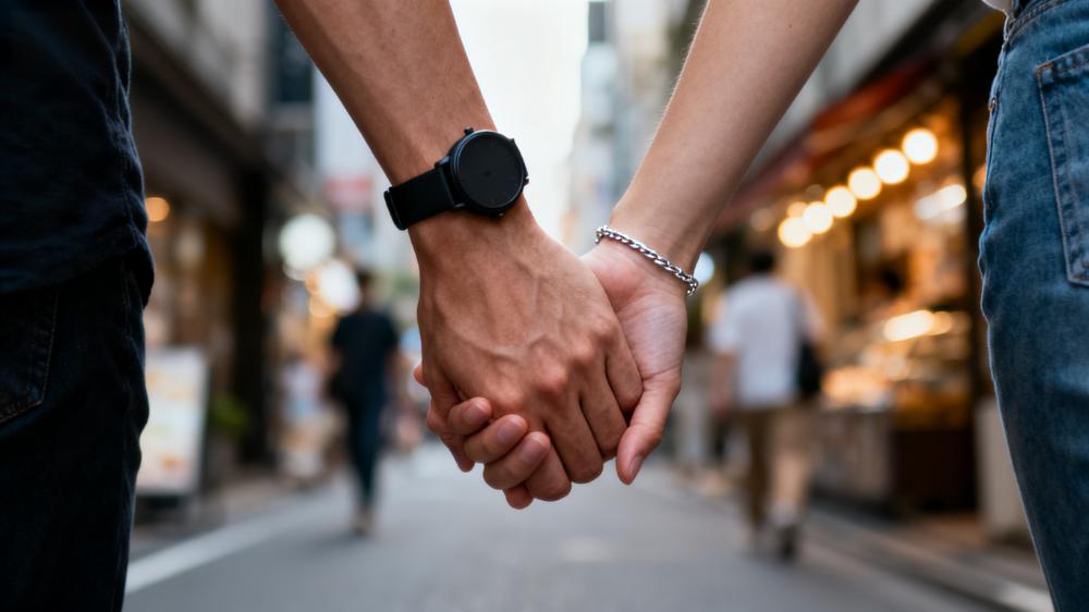 A close-up shot emphasizing the connection of lifestyle and intimacy, showing a couple holding hands while walking.