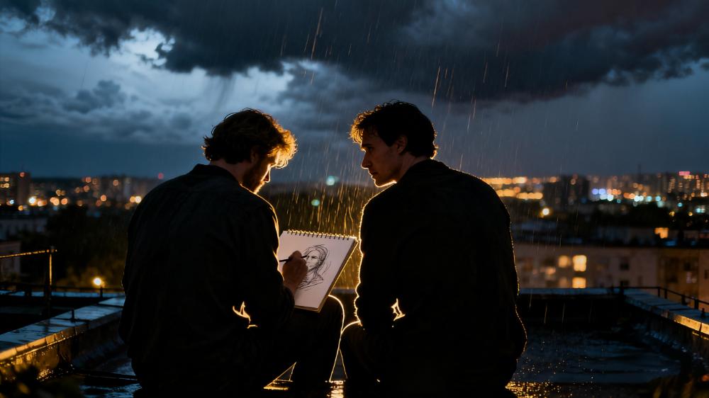 A rooftop at night with two figures silhouetted against the sky, a moment capturing how Love has no labels in quiet confessions.