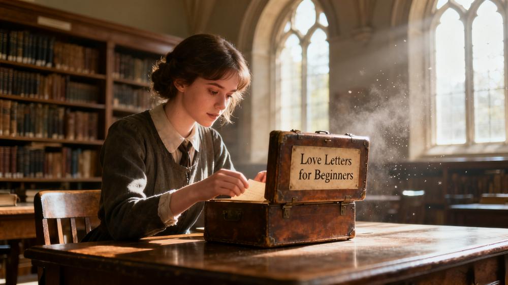 Emma, a shy literature student, discovering the box of love letters for beginners hidden in a quiet university library, with sunlight streaming through a window.