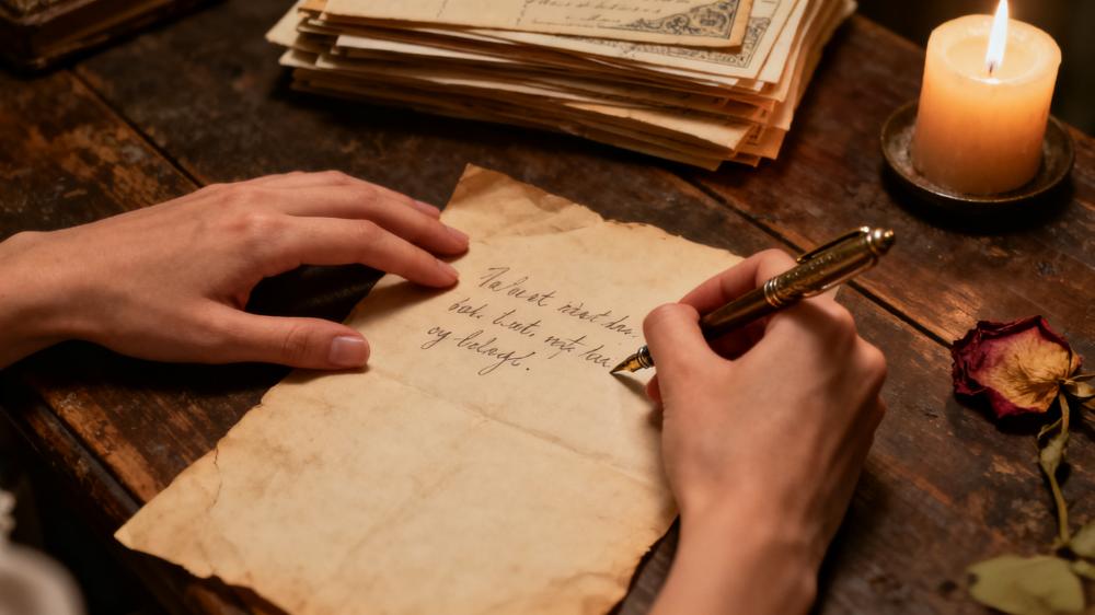 A close-up of a hand writing a love letter for beginners with a vintage fountain pen on aged paper, surrounded by old books and a flickering candle, evoking a sense of timeless romance.