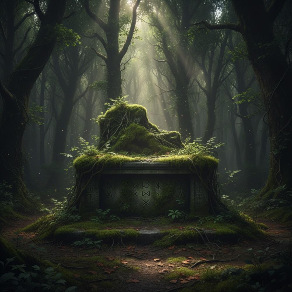 An ancient, moss-covered stone altar deep within a dark, mysterious forest, holding a key clue to a hidden mini love story with ending in revelation.