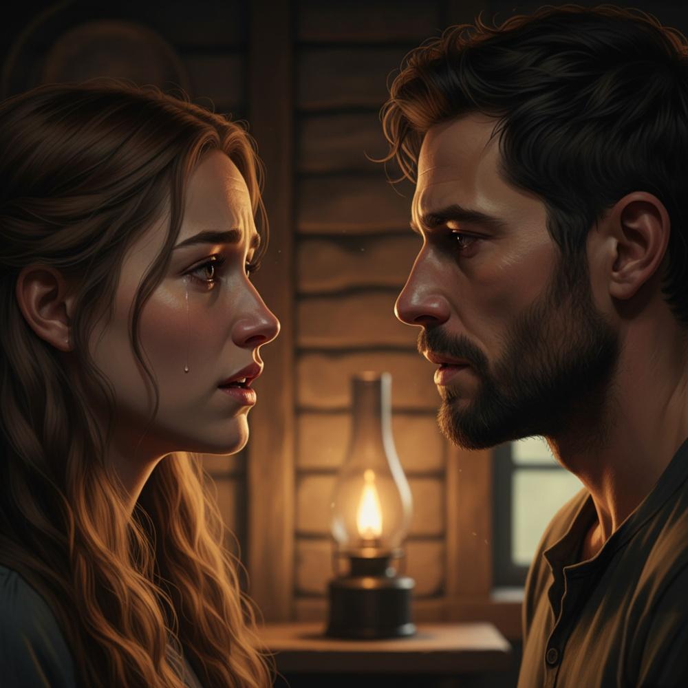 A couple stares intensely at each other in a dimly lit cottage, expressing deep emotional tension as their mini love story with ending reveals a profound truth.