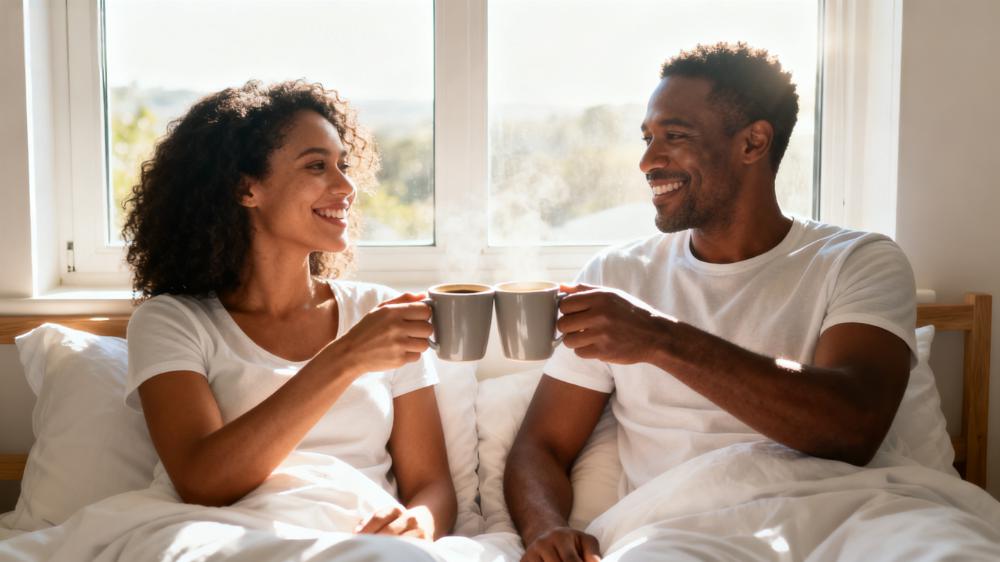 A smiling couple enjoying coffee together in a sunlit bed, an ideal morning routine for couples.