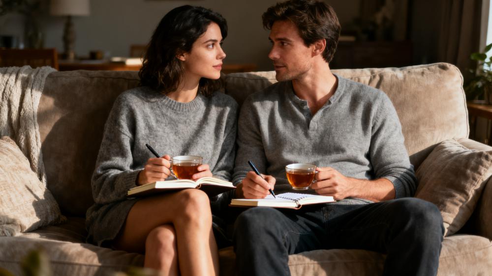 A couple sitting together on a couch with journals, engaging in one of the powerful intimacy rituals for couples.