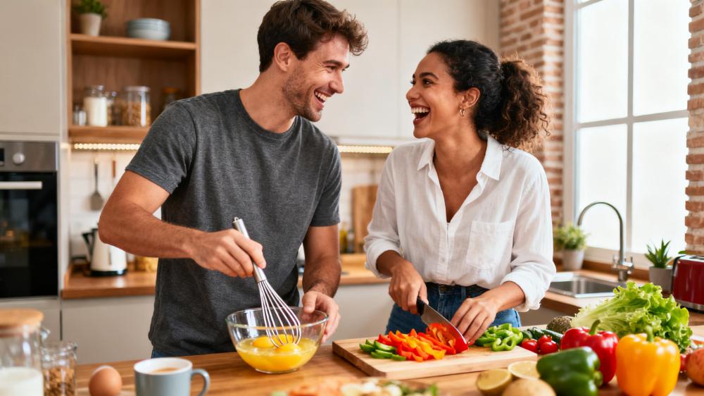 A happy couple laughing while preparing a healthy breakfast together, a key part of their morning routine for couples.