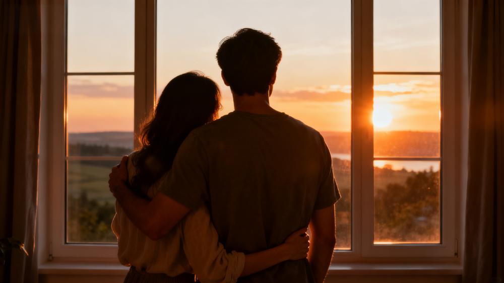 A couple embracing while watching the sunrise from their window, symbolizing the positive start from their morning routine for couples.