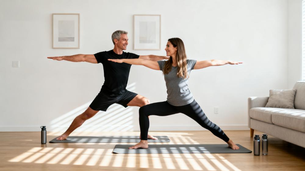 A couple practicing yoga together in their living room, demonstrating a shared activity for a morning routine for couples.