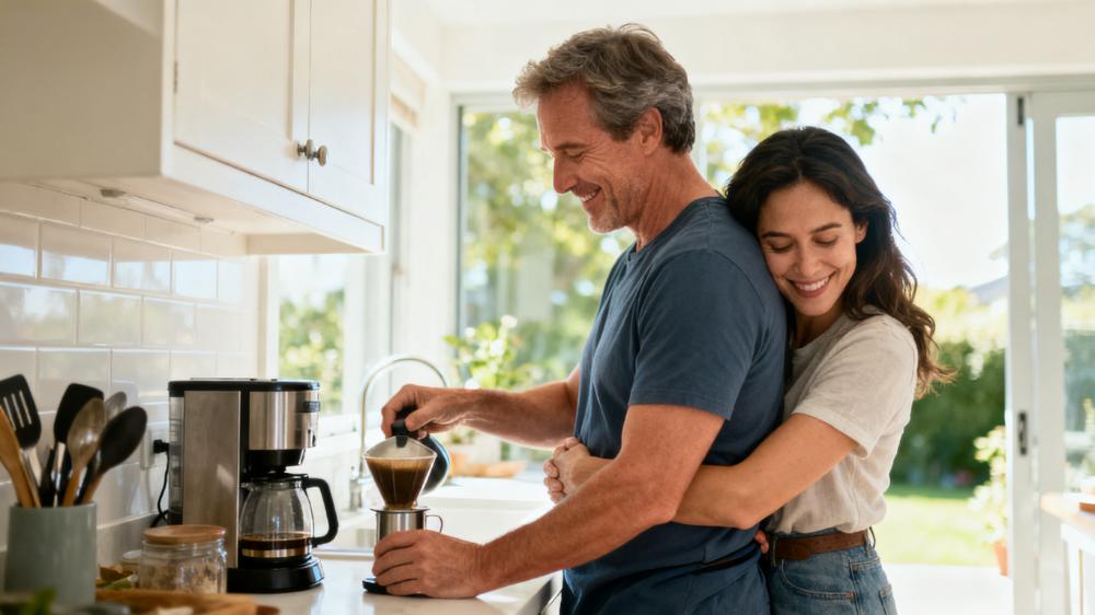 A couple sharing a simple, happy moment of non-sexual physical intimacy by touching foreheads in their kitchen.