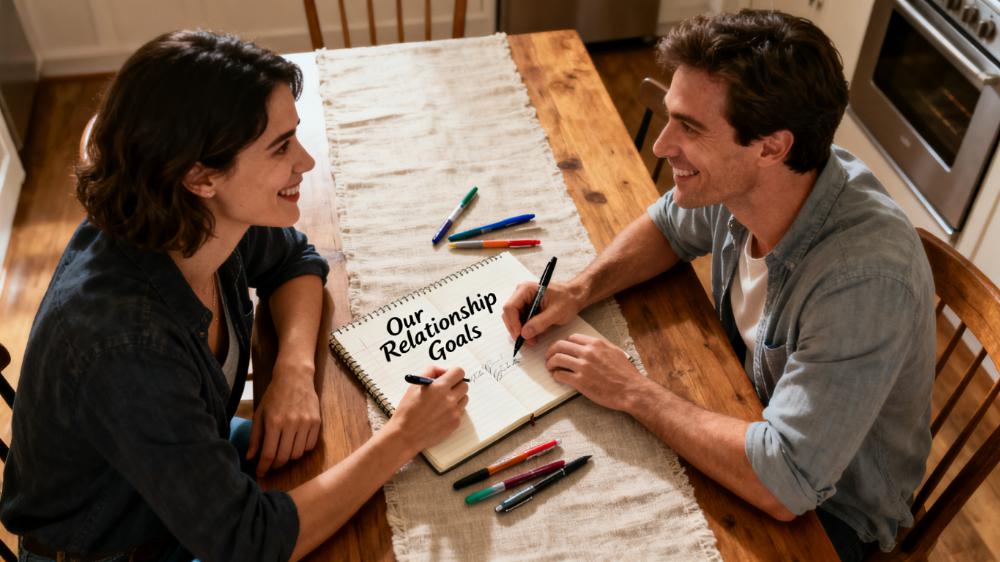 A smiling couple working together to build better relationship habits by writing down ideas for their intimacy routine in a shared notebook.
